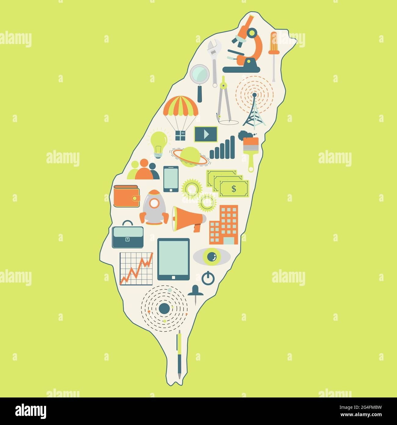 Mappa dei contorni di Taiwan con icone della tecnologia, del business, della scienza, della comunicazione Illustrazione Vettoriale
