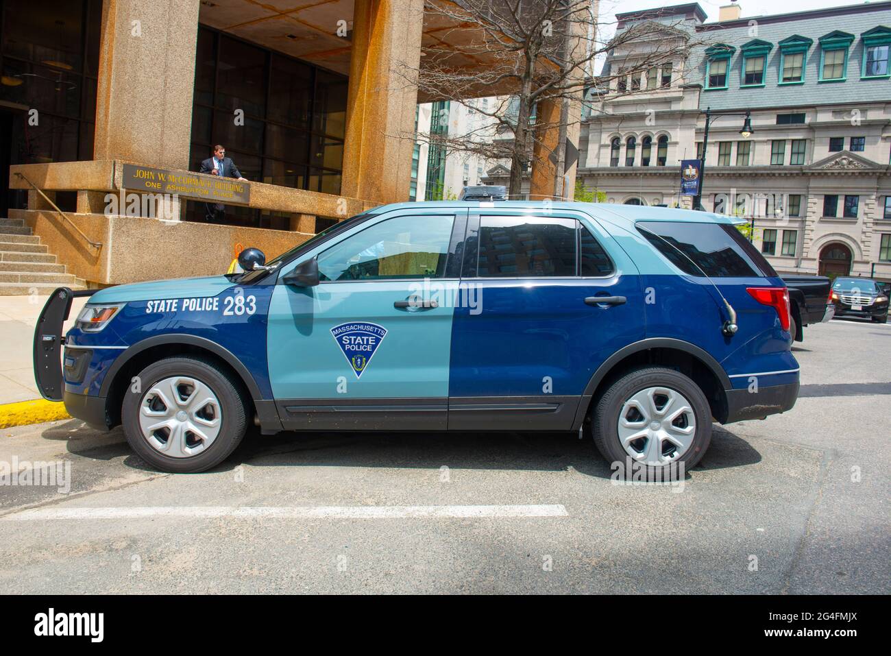 Macchina trouper della polizia statale del Massachusetts su Beacon Hill nel centro di Boston, Massachusetts, Massachusetts, Stati Uniti. Foto Stock