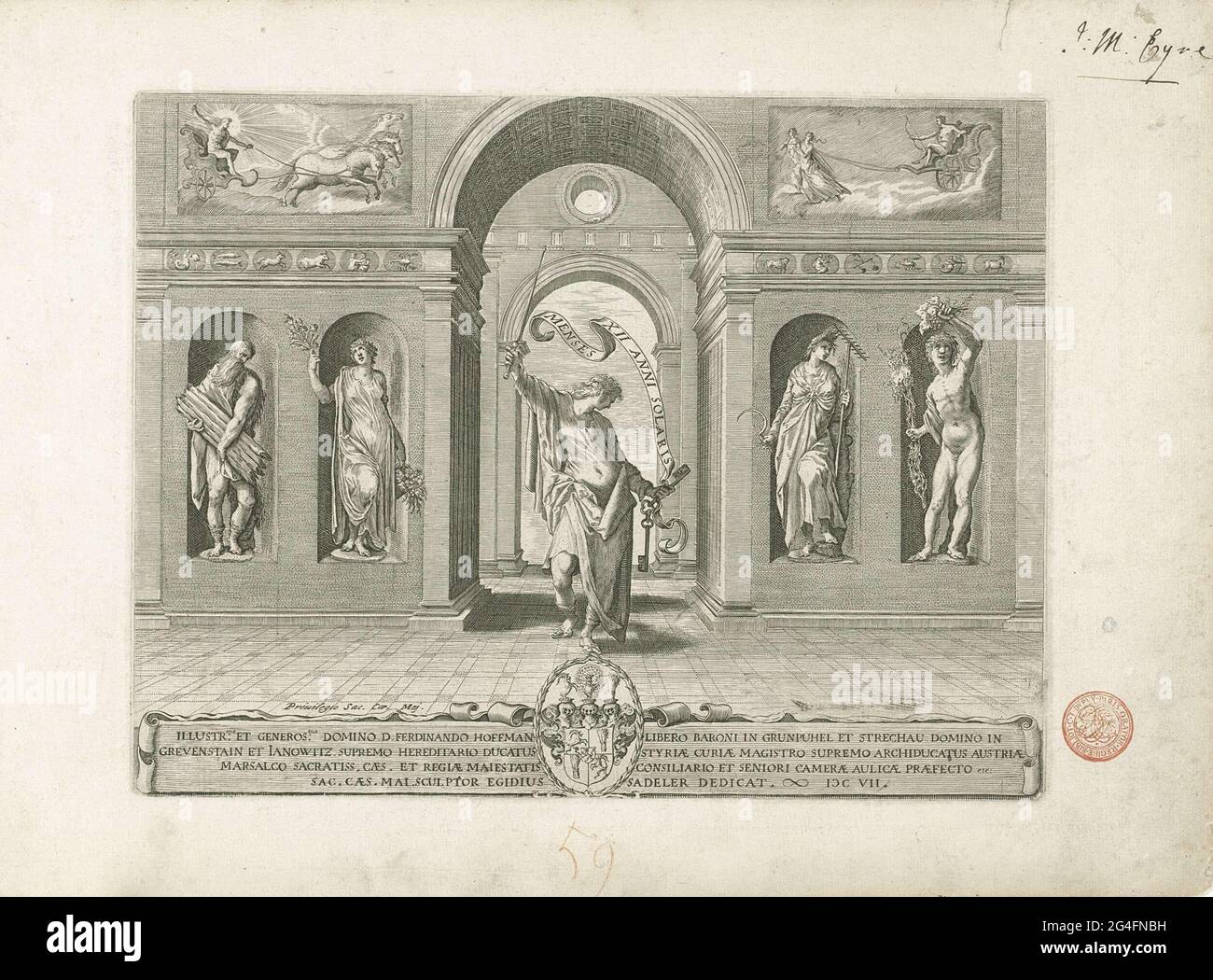 . Al centro di un arco c'è una figura allegorica che raffigura i dodici mesi. La figura ha un Januskop (vecchio e giovane), spada sollevata nella mano destra, le chiavi nella mano sinistra. Sul banderolo sopra la testa: Menses anni Solaris. In quattro Nissen le personificazioni delle quattro stagioni. Sul Frisone i segni dello zodiaco. In alto a sinistra Apollo (Sol) sulla sua auto solare; in alto a destra Diana (Luna) nella sua vittoria. Foto Stock