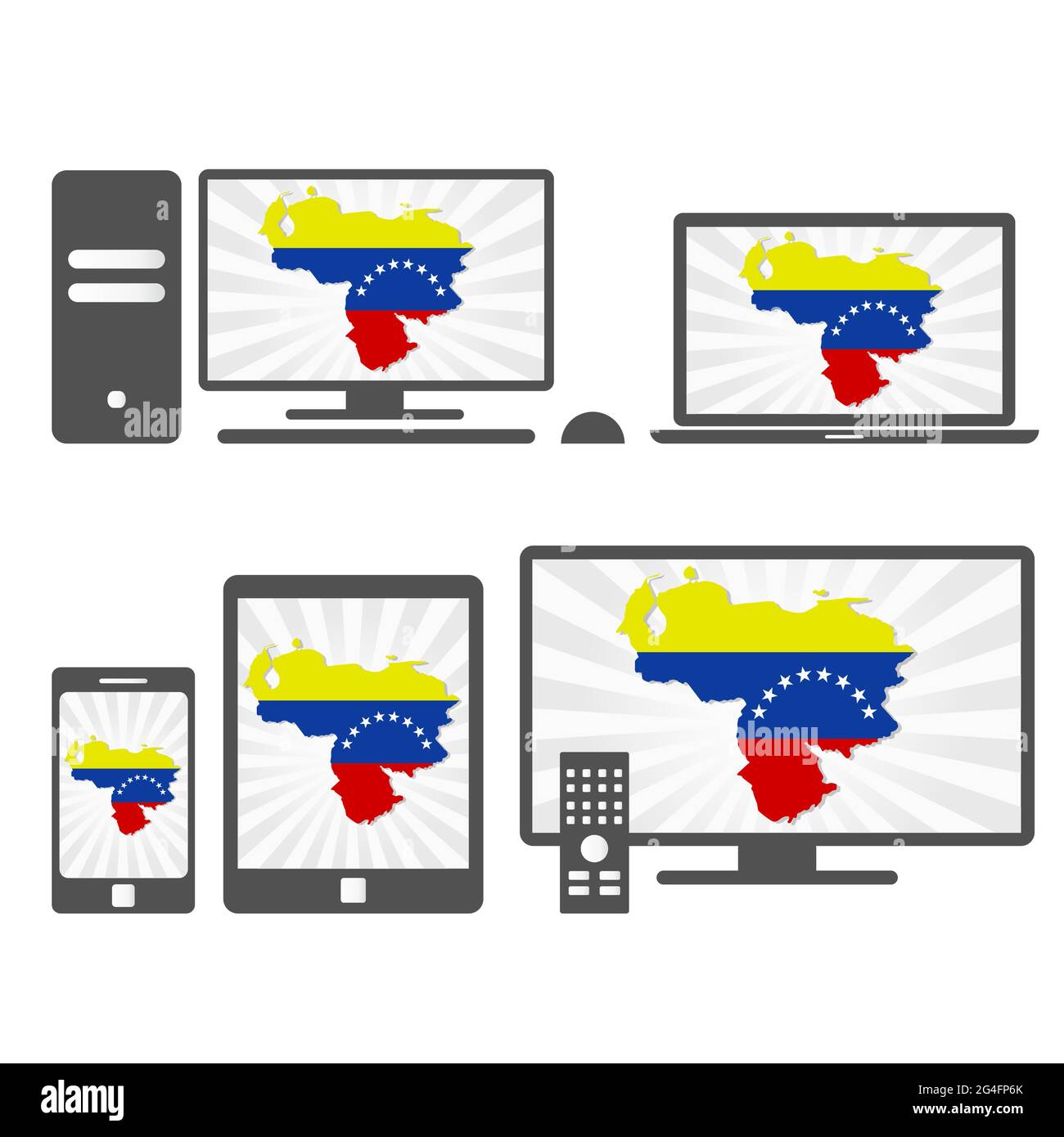 Molti dispositivi multimediali (tablet, pc, cellulare, laptop, smart tv) con la mappa e la bandiera del Venezuela. Illustrazione Vettoriale