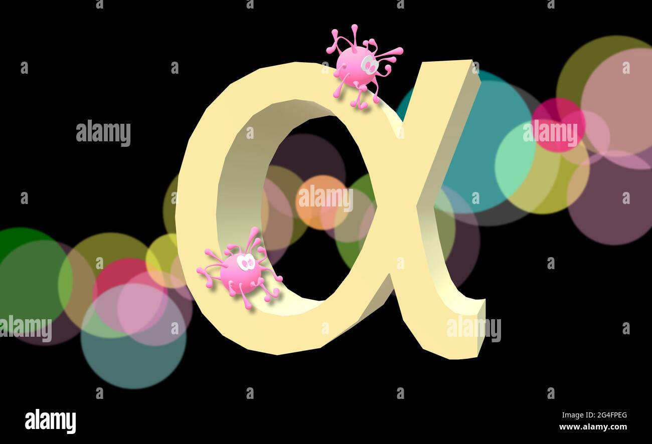 COVID-19 LINEA VARIANTE ALFA B.1.1.7, nuova minaccia pandemica. Crisi sanitaria globale. La prima lettera dell'alfabeto greco. Disegno simulato da virus. Foto Stock