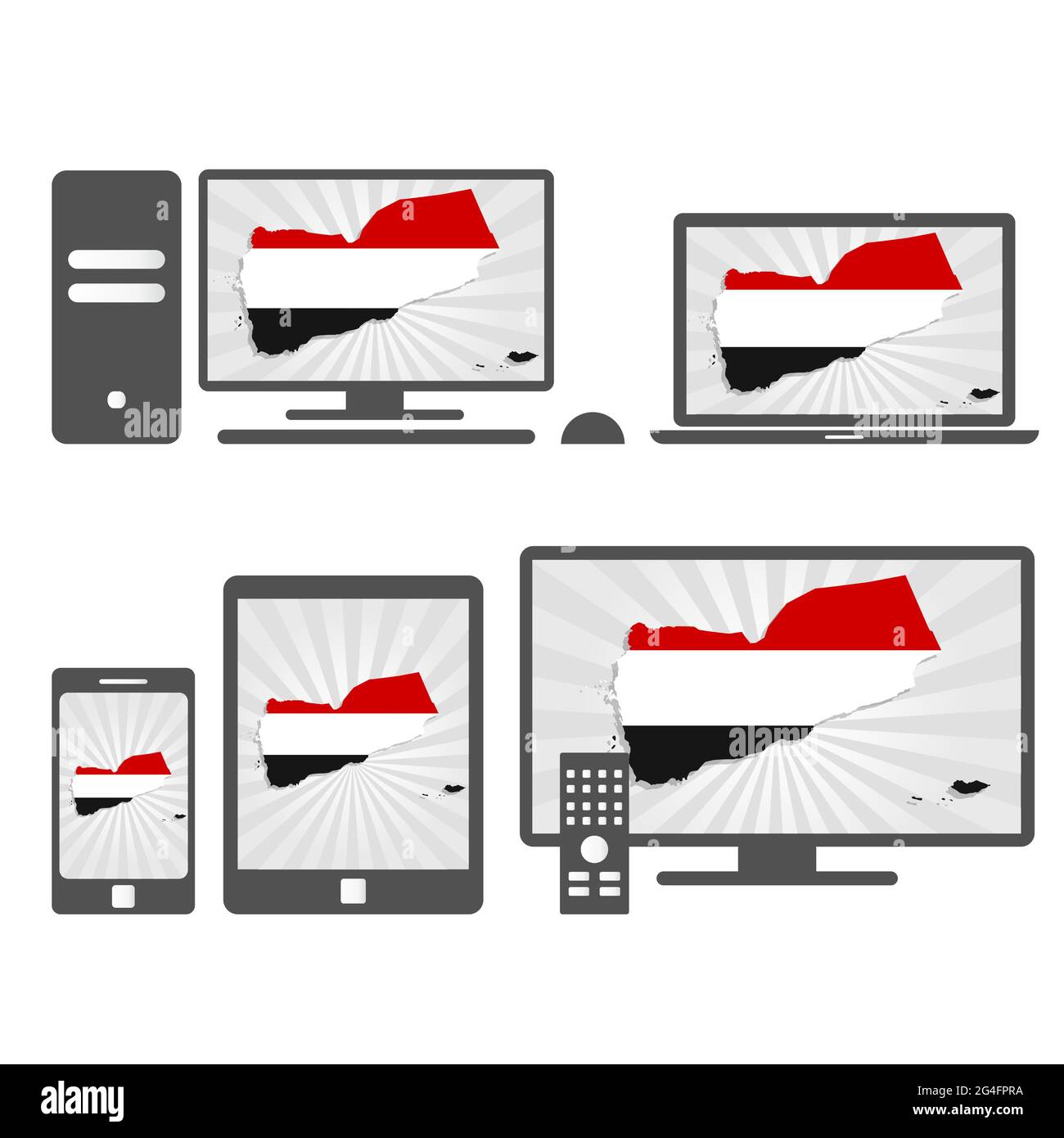 Molti dispositivi multimediali (tablet, pc, cellulare, laptop, smart tv) con la mappa e la bandiera dello Yemen. Illustrazione Vettoriale