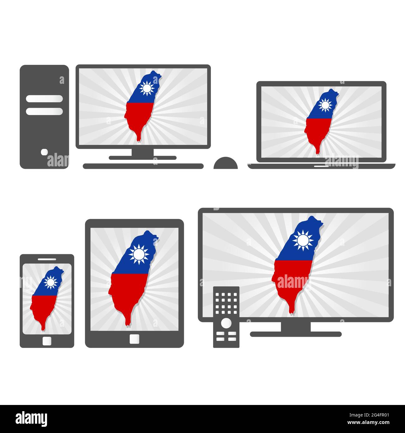 Molti dispositivi multimediali (tablet, pc, cellulare, laptop, smart tv) con la mappa e la bandiera di Taiwan. Illustrazione Vettoriale