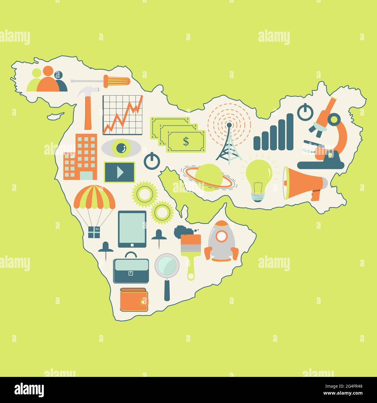 Mappa dei contorni del Medio Oriente con icone di tecnologia, business, scienza, comunicazione Illustrazione Vettoriale