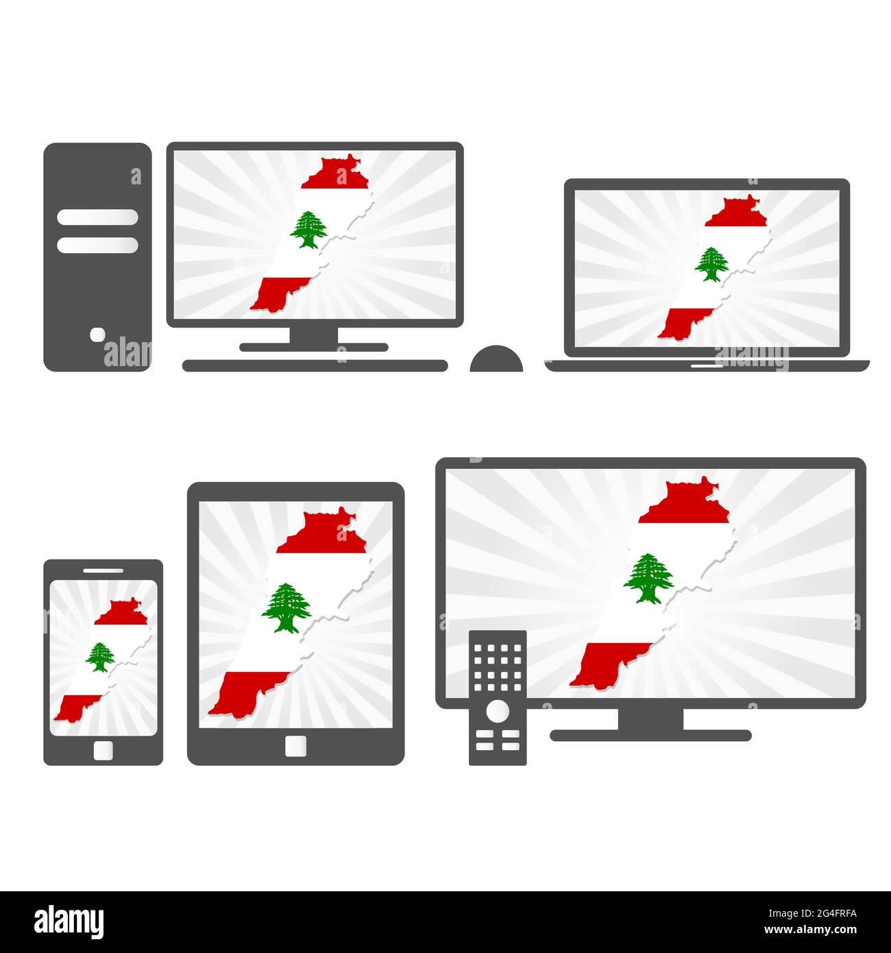Molti dispositivi multimediali (tablet, pc, cellulare, laptop, smart tv) con la mappa e la bandiera del Libano Illustrazione Vettoriale