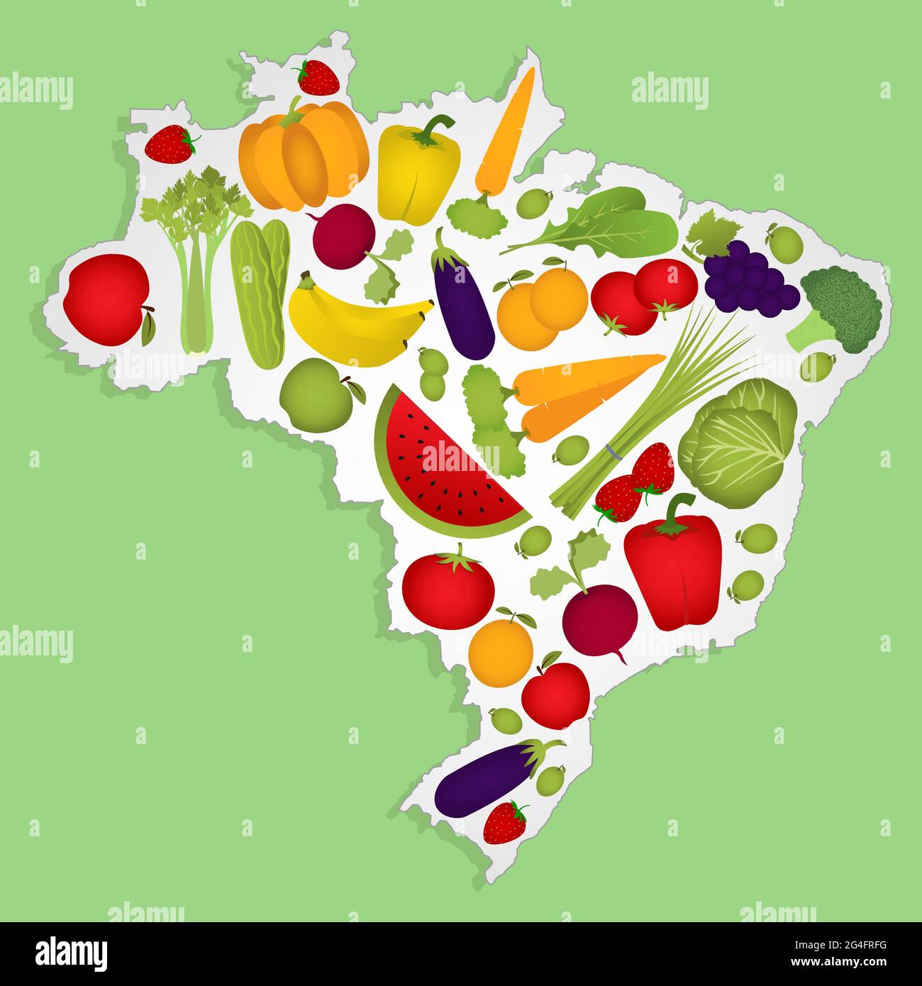 Mappa del Brasile piena di frutta e verdura (pomodoro , mela, arancia , melanzana, cavolo, cetriolo , broccoli, uva, rucola, banana, peperoni, squash Illustrazione Vettoriale