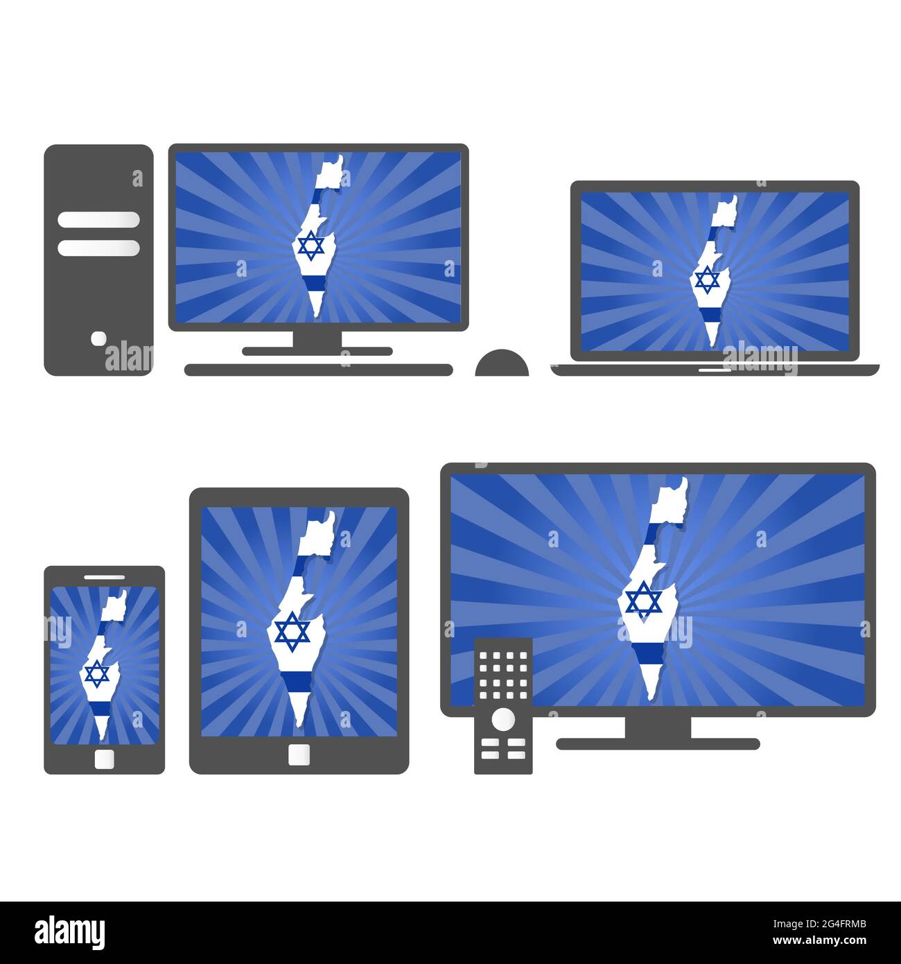 Molti dispositivi multimediali (tablet, pc, cellulare, laptop, smart tv) con la mappa e la bandiera di Israele Illustrazione Vettoriale