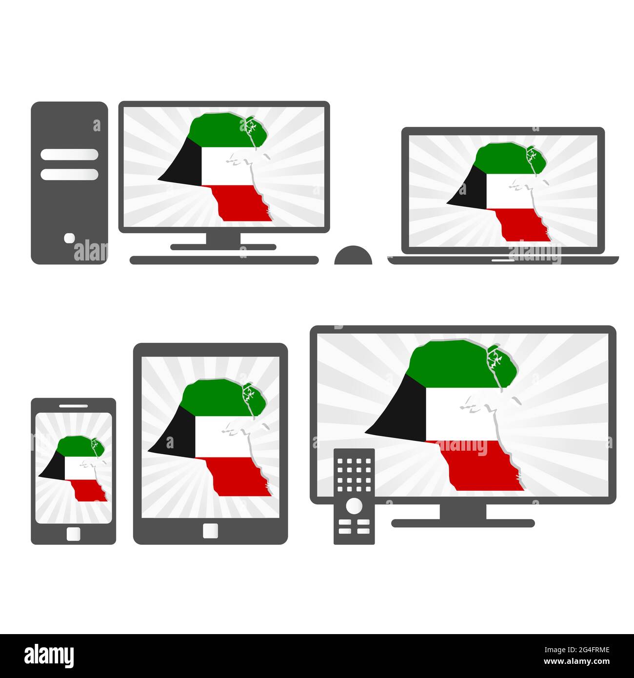 Molti dispositivi multimediali (tablet, pc, cellulare, laptop, smart tv) con la mappa e la bandiera del Kuwait Illustrazione Vettoriale
