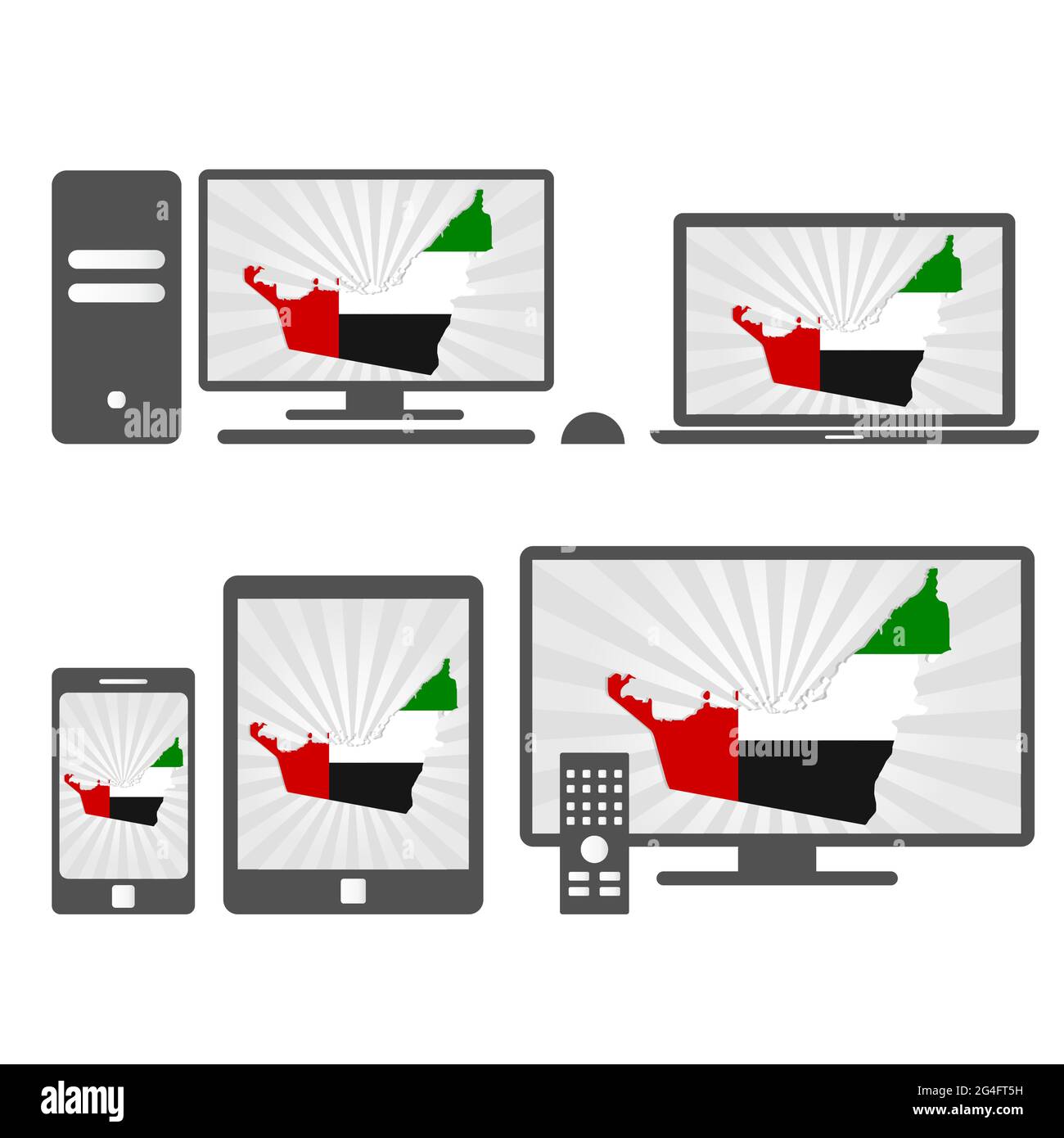Molti dispositivi multimediali (tablet, pc, cellulare, laptop, smart tv) con la mappa e la bandiera degli Emirati Arabi Illustrazione Vettoriale