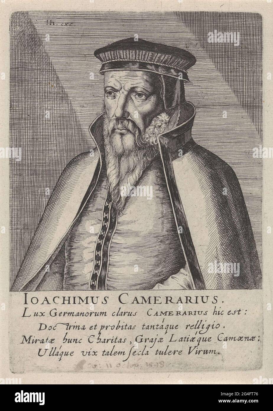 . Busto a sinistra di Joachim Camerario. Sotto il ritratto il suo nome e quattro regole in latino. Stampa dalla successiva parte 2 (28 stampe) della serie di ritratti di celebri riformatori di Hendrick Hondius del 1599. Foto Stock