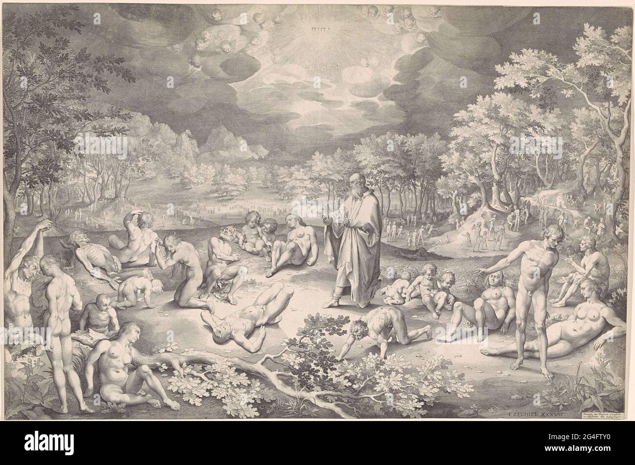 . Ezechiele profetizza in una valle ossea (EZ. 37). Comincia a parlare e intorno a lui le ossa tornano alla vita. La carne e la pelle si riproducono. In cima all'aria il tetragramma e il coro dell'angelo. Foto Stock