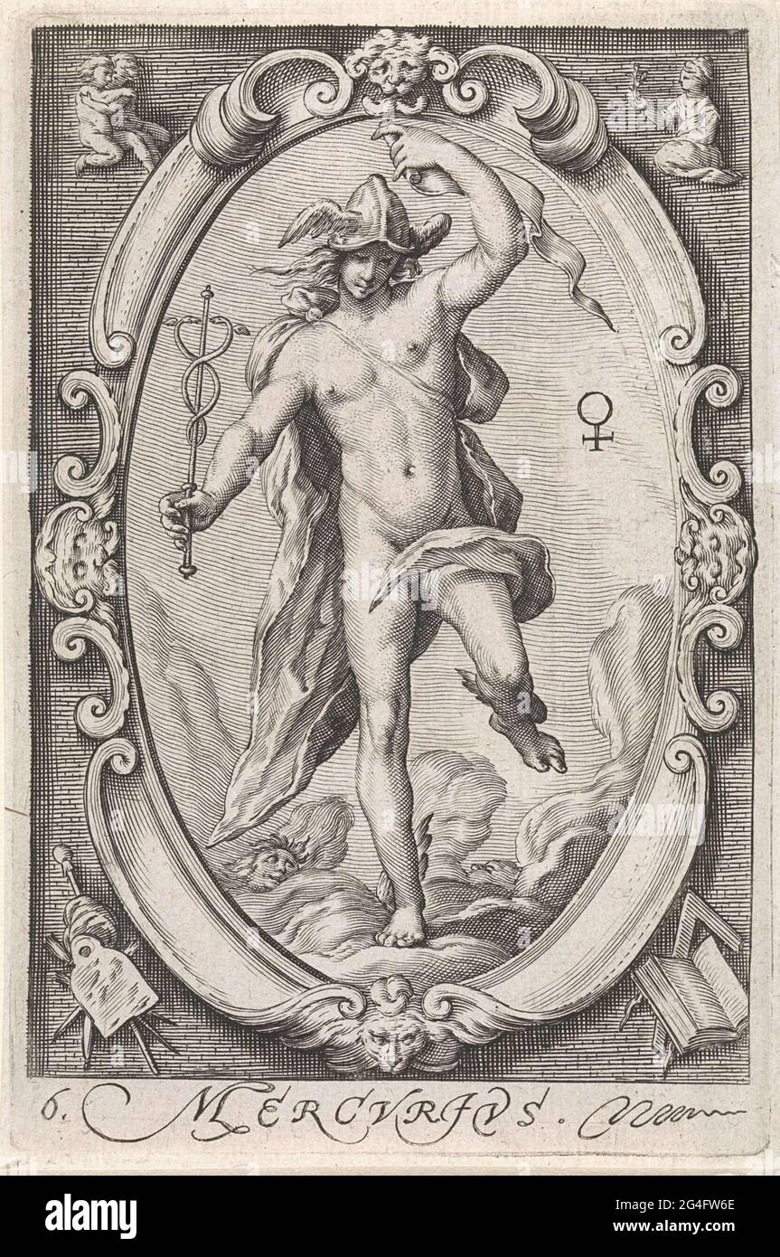 Mercurio, con un caduceo in mano e un cappello alato (petaso) sulla testa.  A destra di lui il simbolo astronomico del suo pianeta. In piedi in una  cartouche ovale con i
