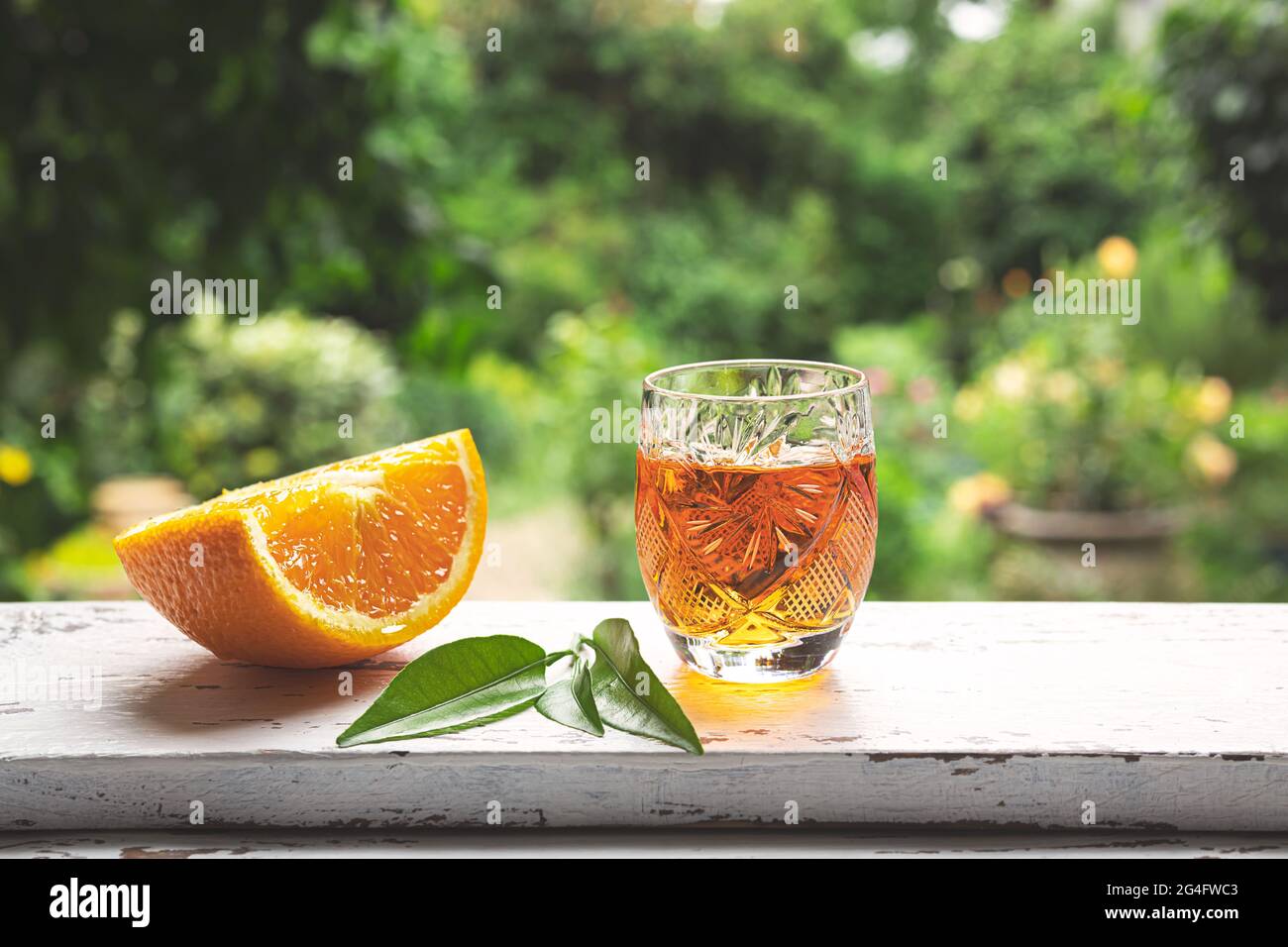 Un colpo di tradizionale liquore tangerino belga su un davanzale sullo sfondo di un giardino estivo Foto Stock