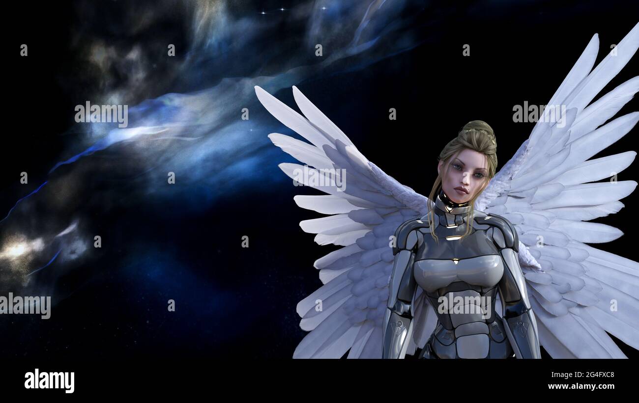 illustrazione 3d di una donna alata in un vestito grigio spazio che guarda triste con una nebulosa e stelle sullo sfondo. Foto Stock