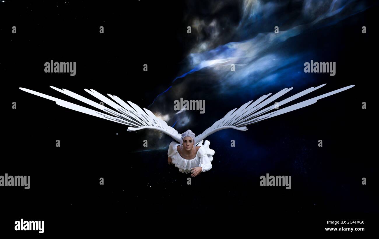 illustrazione 3d di un essere in un vestito bianco che svettante nello spazio con una nebulosa e stelle sullo sfondo. Foto Stock