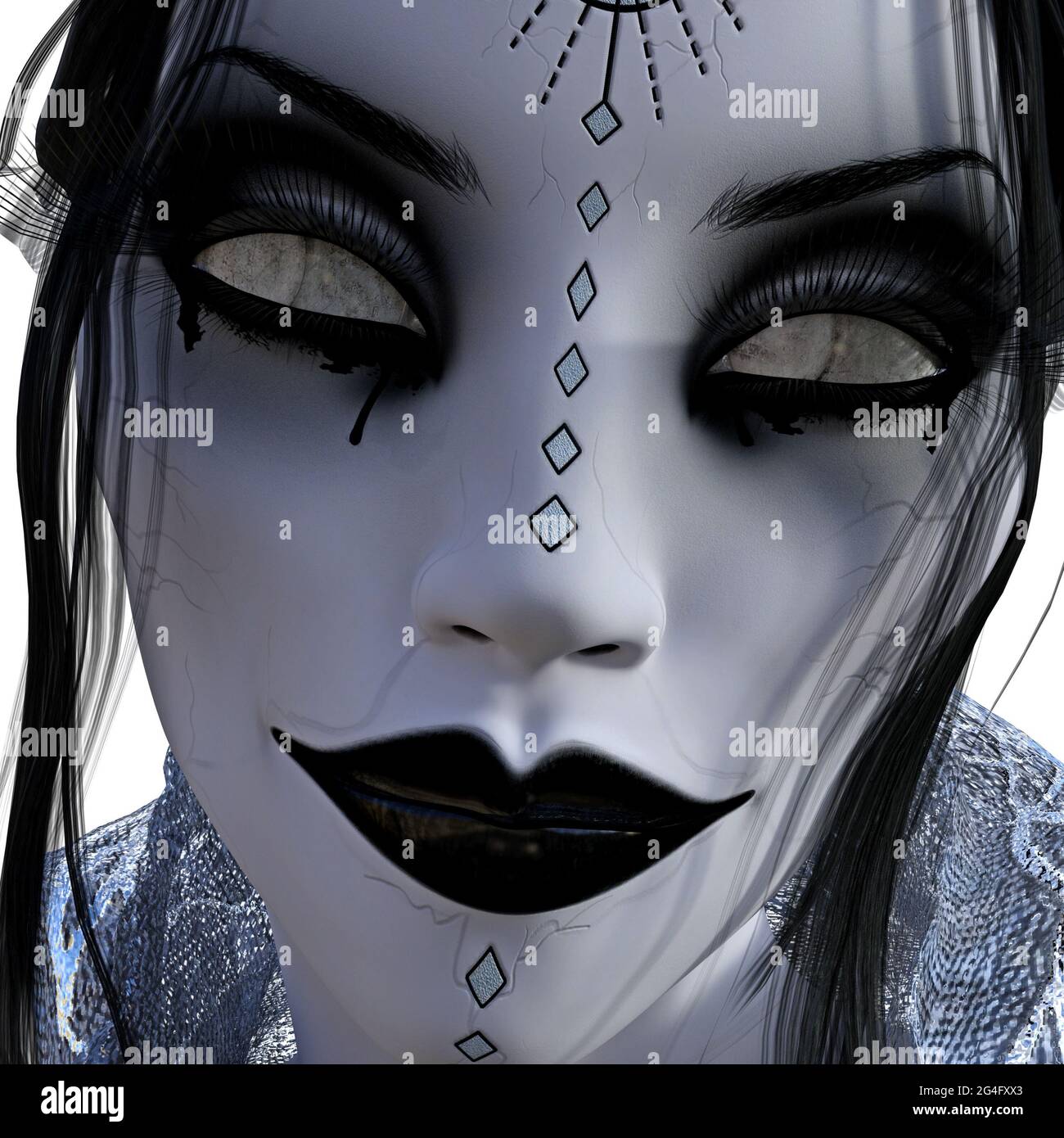 illustrazione in 3d del volto di una donna zombie su sfondo bianco. Foto Stock