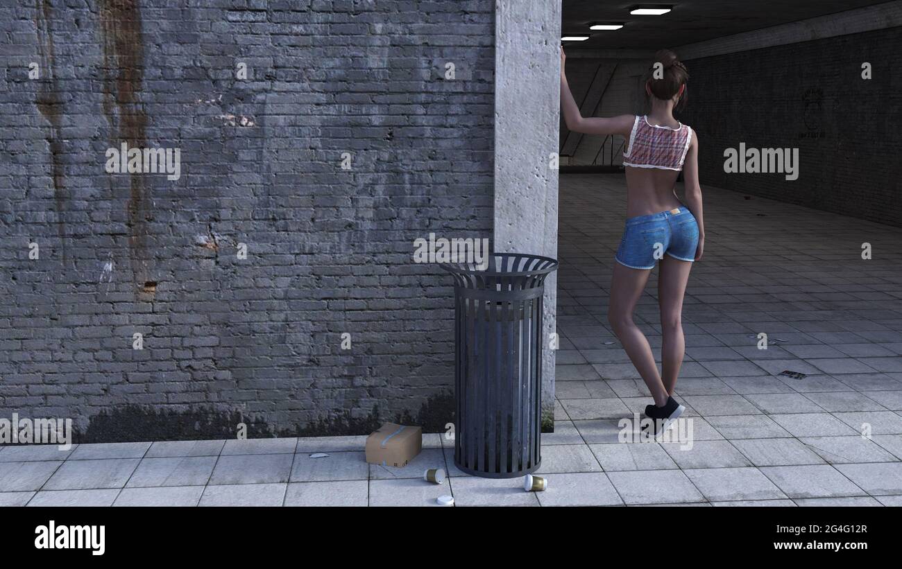 illustrazione in 3d di una donna in pantaloncini e di un tetto di halter che guarda all'ingresso di un tunnel. Foto Stock
