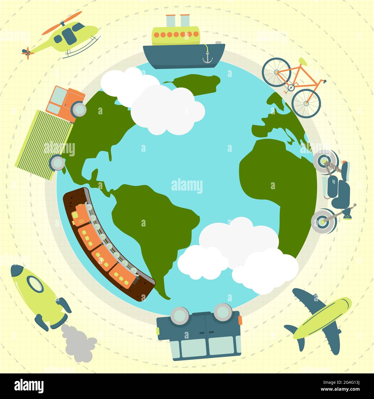 Trasporto (aereo, nave, auto, camion, moto. Bicicletra, metropolitana, razzo) intorno al pianeta Terra. Illustrazione Vettoriale