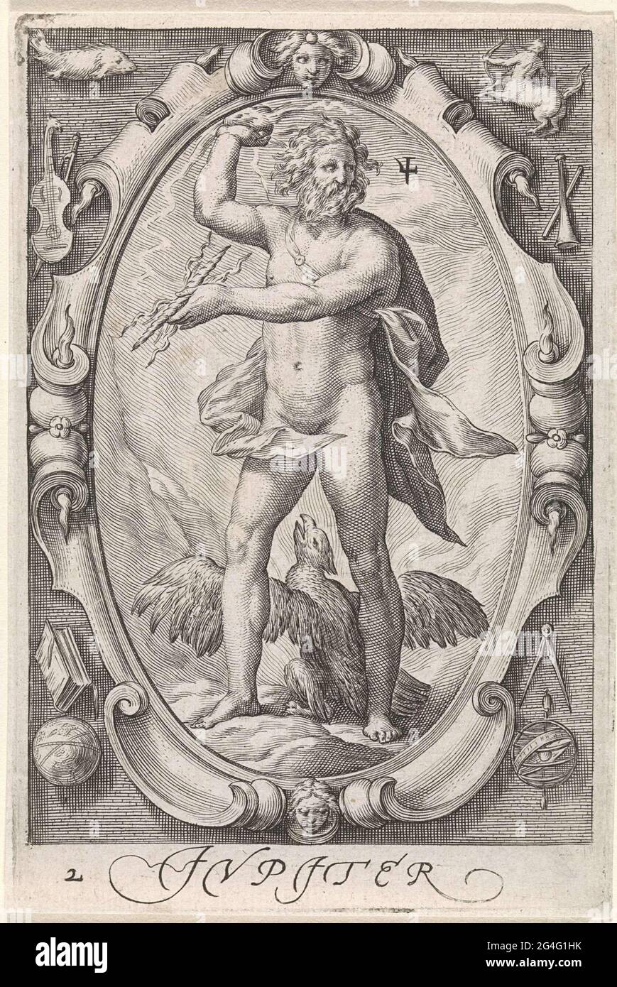 . Giove con il fulmine e ai suoi piedi sono attributi: L'aquila. Oltre alla testa il simbolo astronomico del suo pianeta. In piedi in una cartouche ovale con i due segni dello zodiaco in cima: Pesce e Sagittario. Foto Stock