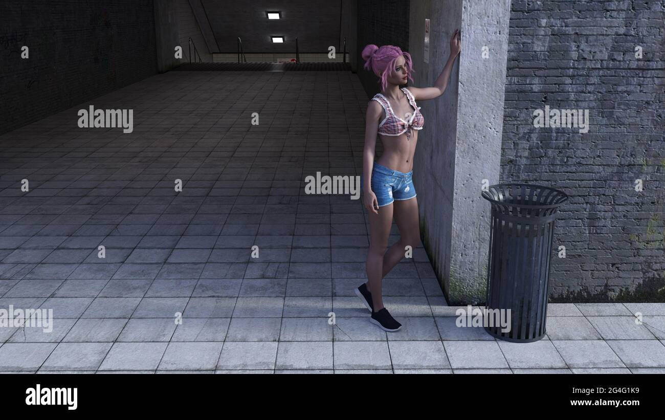 illustrazione in 3d di una donna in pantaloncini e di un tetto di halter che aspetta all'ingresso di un tunnel. Foto Stock