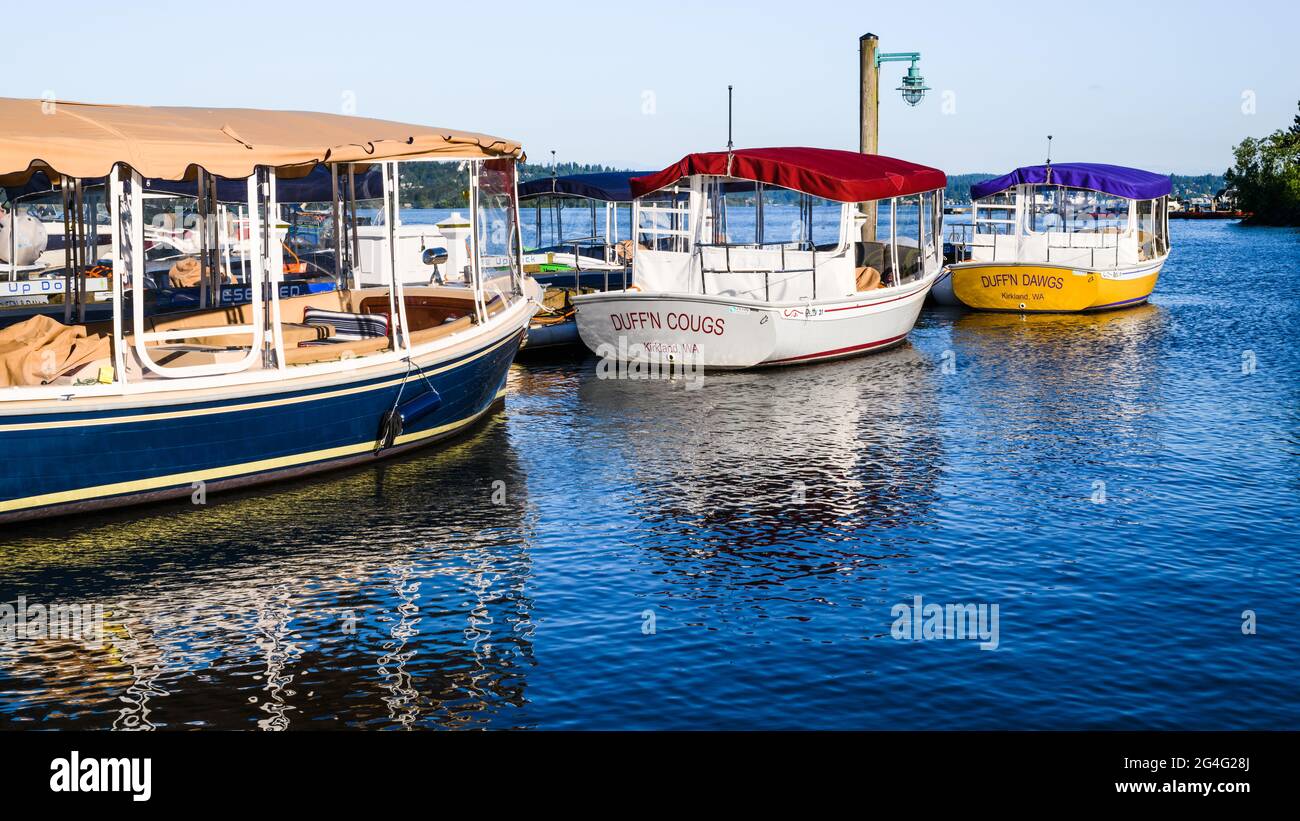 Kirkland, WA, USA - 20 giugno 2021; una collezione di barche elettriche legate sul lungomare di Kirkland. Le navi sono chiamate dopo mascotte del college Foto Stock