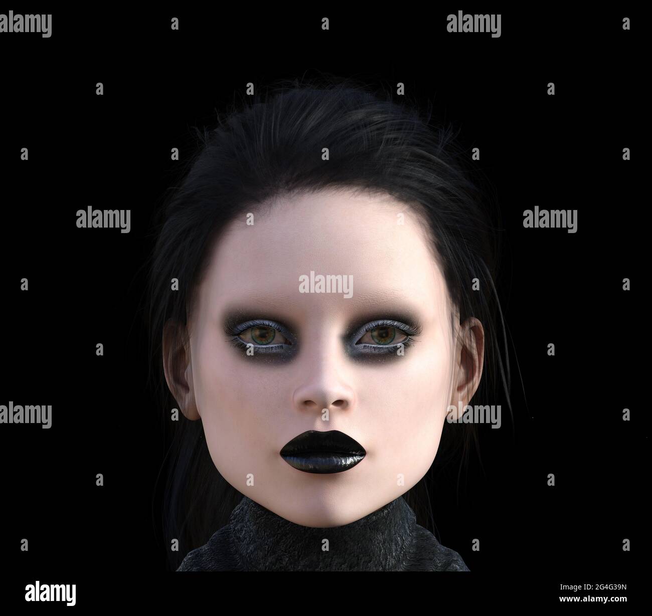 illustrazione 3d di una donna esotica con capelli scuri, trucco nero e nessuna sopracciglia su sfondo nero. Foto Stock