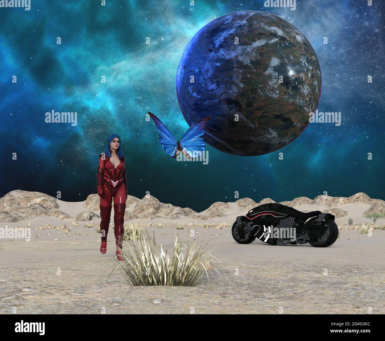illustrazione 3d di una donna con la sua moto e farfalla su un pianeta arido con un grande pianeta e nebulosa sullo sfondo. Foto Stock