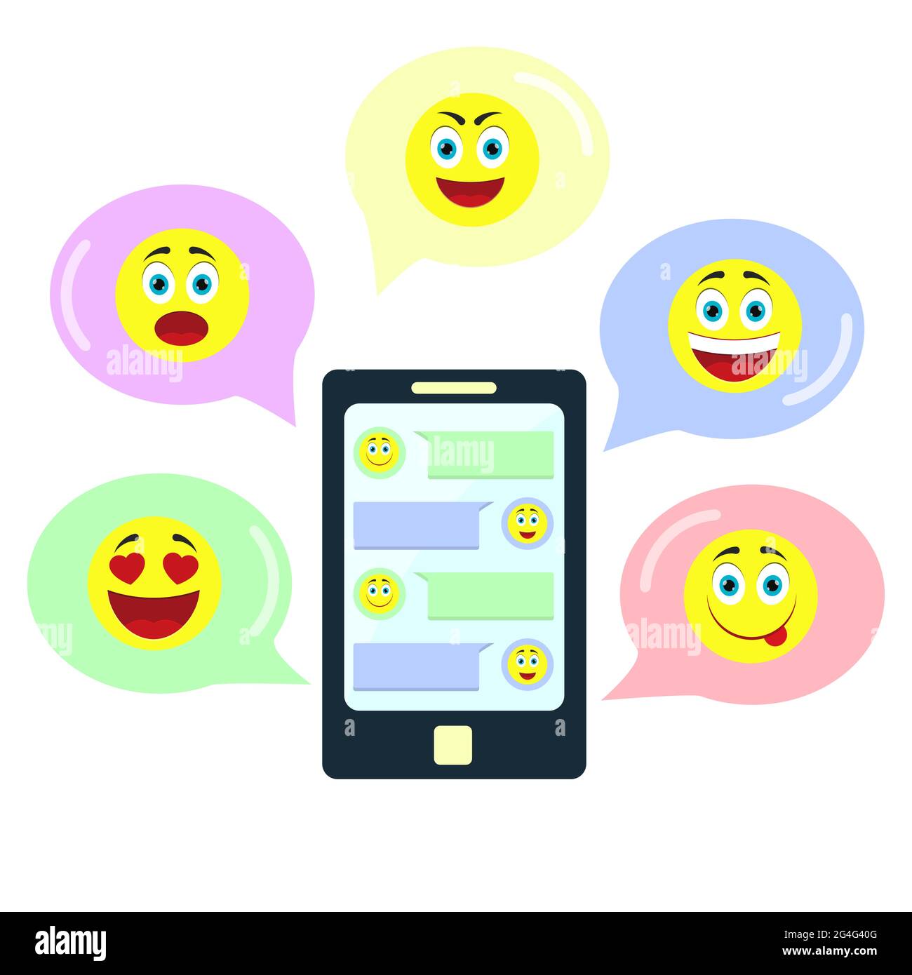 Chatta in un'applicazione sullo smartphone utilizzando emoticon diverse Illustrazione Vettoriale