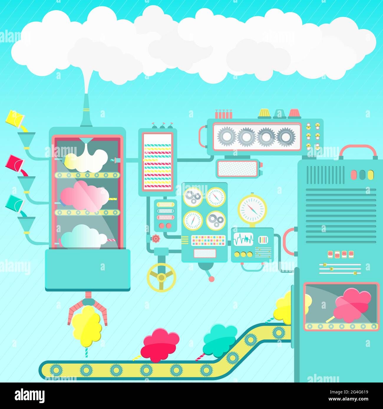 Fabbrica creativa e fantasiosa di caramelle di cotone fatta di nuvole. Macchine carine. Illustrazione Vettoriale