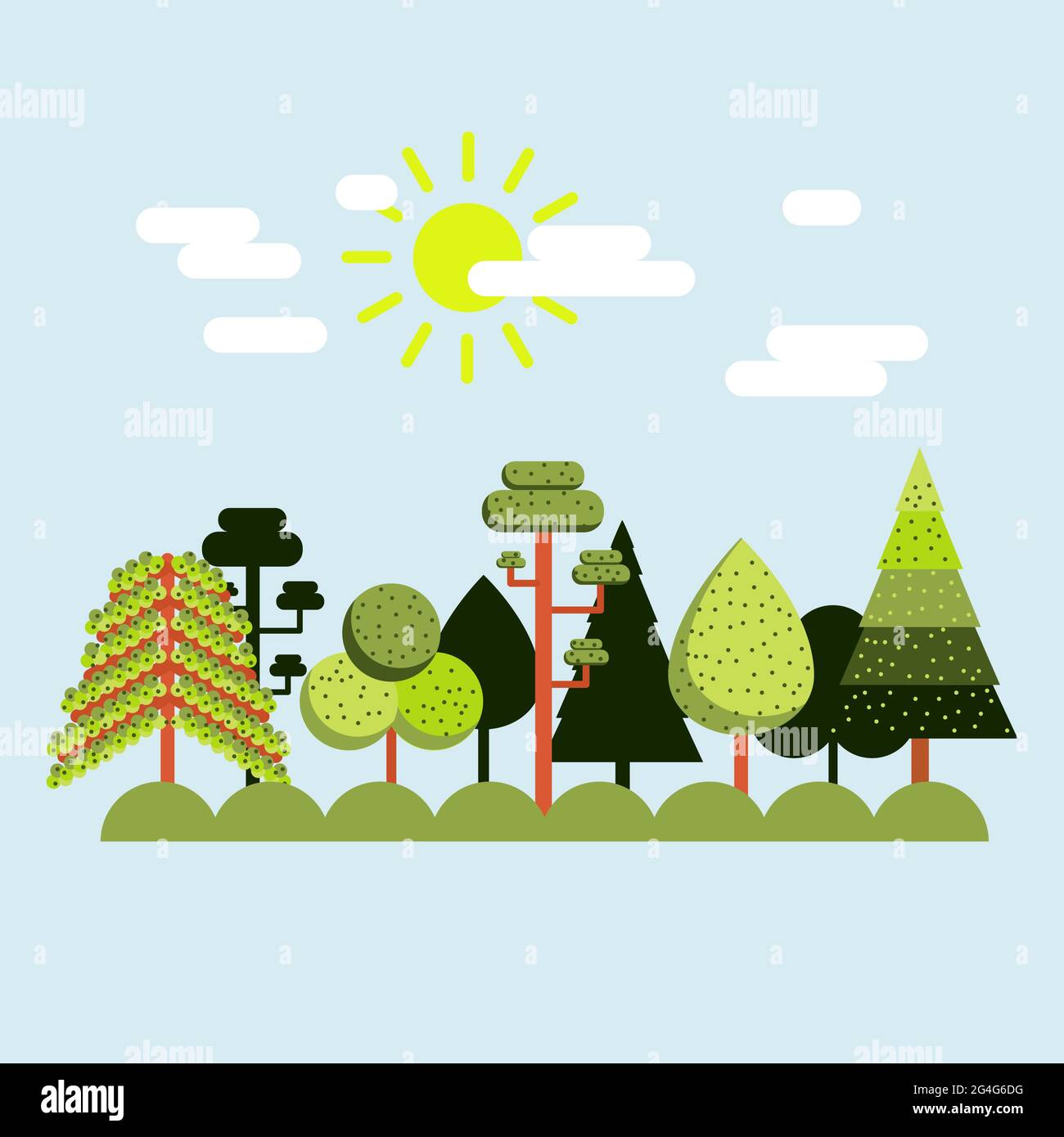Paesaggio estivo con alberi e pini. Giorno di sole. Design piatto. Illustrazione Vettoriale