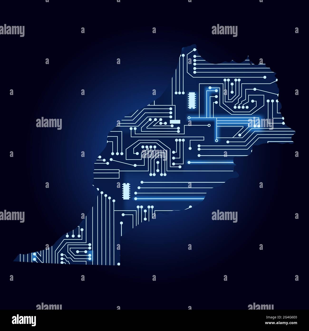 Mappa dei contorni del Marocco con un circuito elettronico tecnologico. Illustrazione Vettoriale