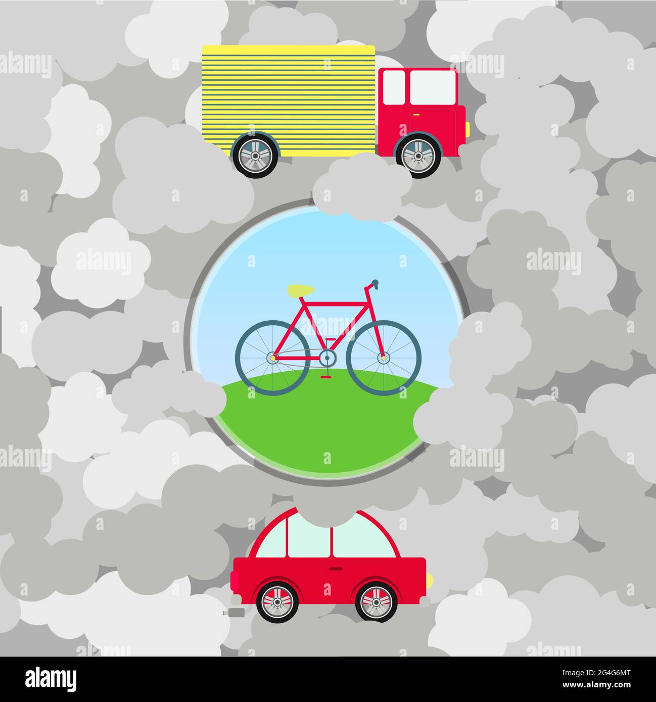 Ambiente inquinato. Auto e camion circondati da fumo. Bicicletta come un trasporto verde. Illustrazione Vettoriale