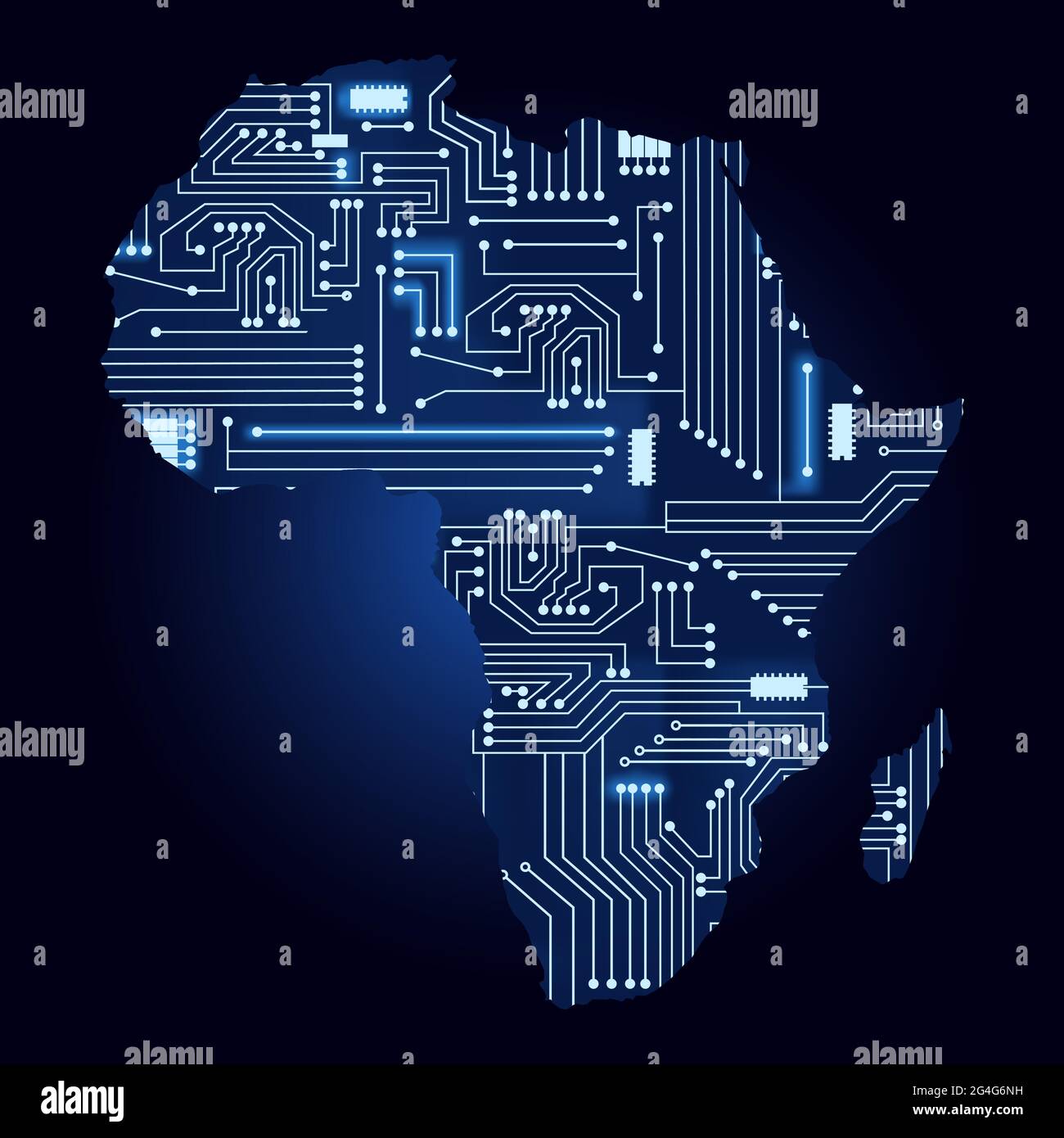 Mappa dei contorni dell'Africa con un circuito elettronico tecnologico. Illustrazione Vettoriale