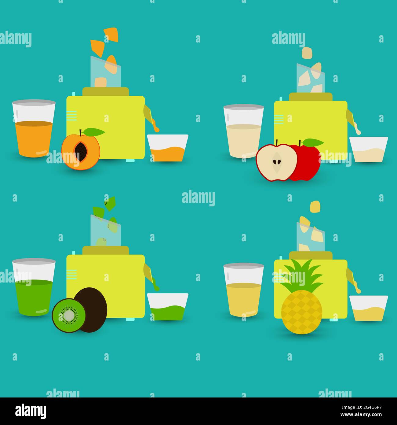 Quattro succhi naturali preparati con robot da cucina. Succo di pesca, succo di mela, succo di frutta kiwi, succo di ananas. Illustrazione Vettoriale