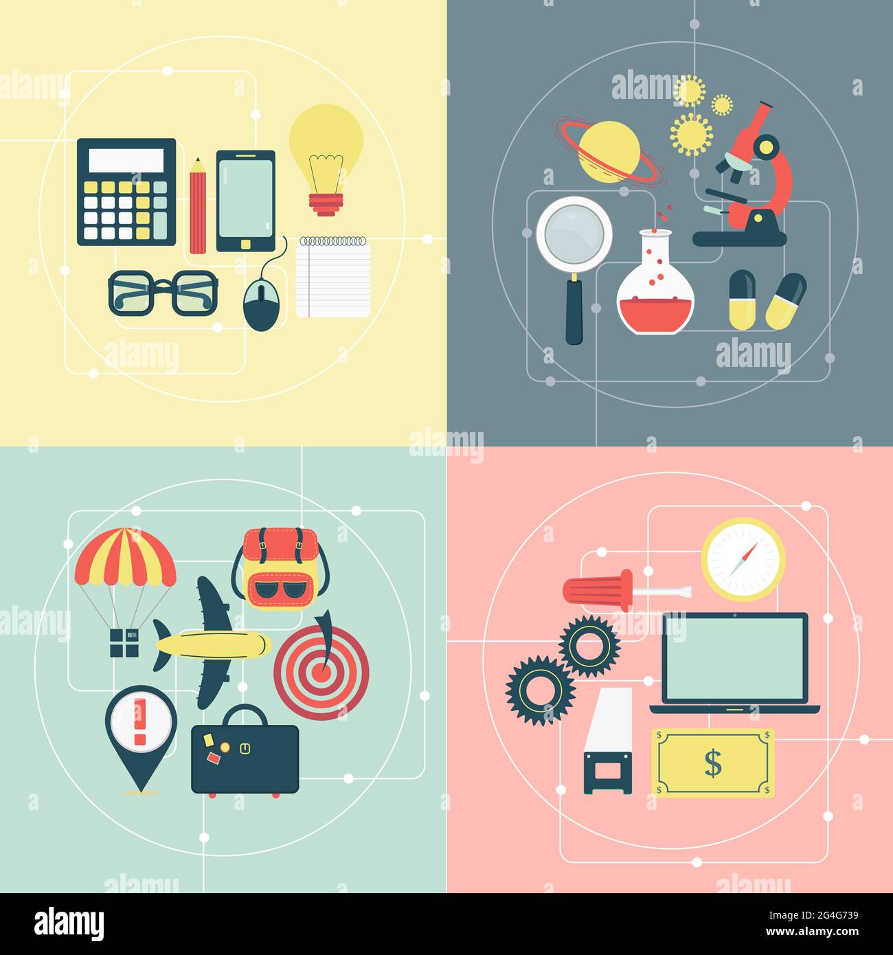 Quattro gruppi di icone su quattro diversi argomenti: Business, scienza, studio e viaggi Illustrazione Vettoriale