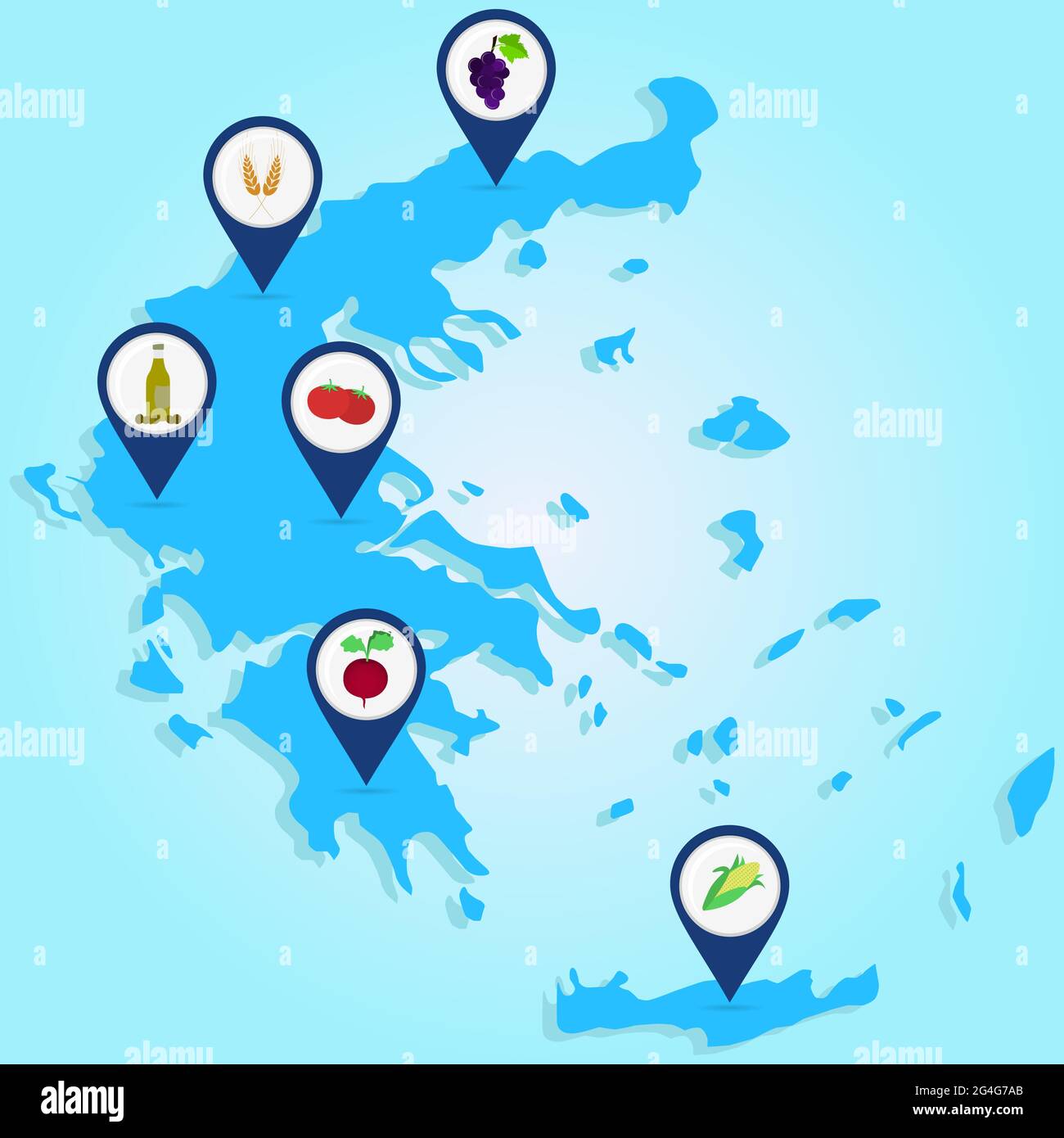 Mappa della Grecia con cartografia dei prodotti agricoli: Oliva, olio, pomodoro, barbabietola da zucchero, frumento, mais, uva Illustrazione Vettoriale