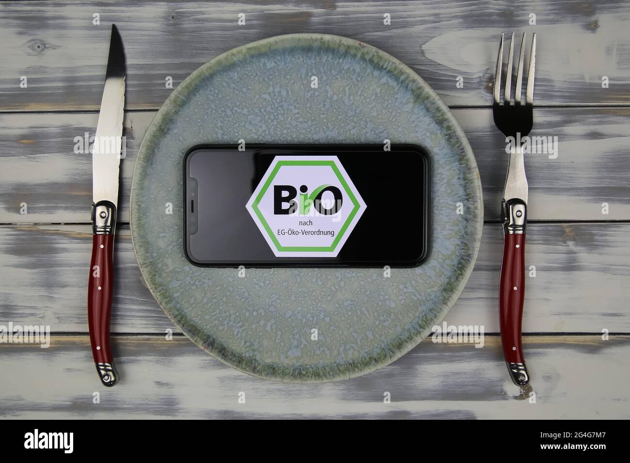 Viersen, Germania - 9 giugno. 2021: Vista sullo schermo del telefono cellulare sulla targhetta con il logo dell'etichetta europea di bio-food Foto Stock