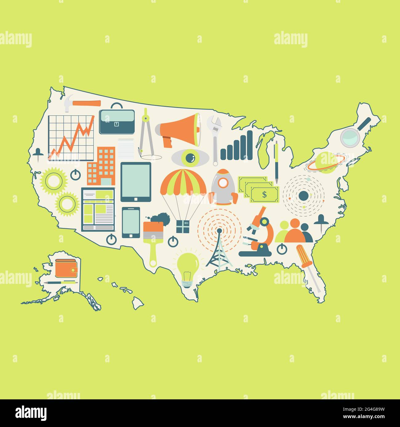 Mappa dei contorni degli Stati Uniti con icone della tecnologia, del business, della scienza, della comunicazione Illustrazione Vettoriale