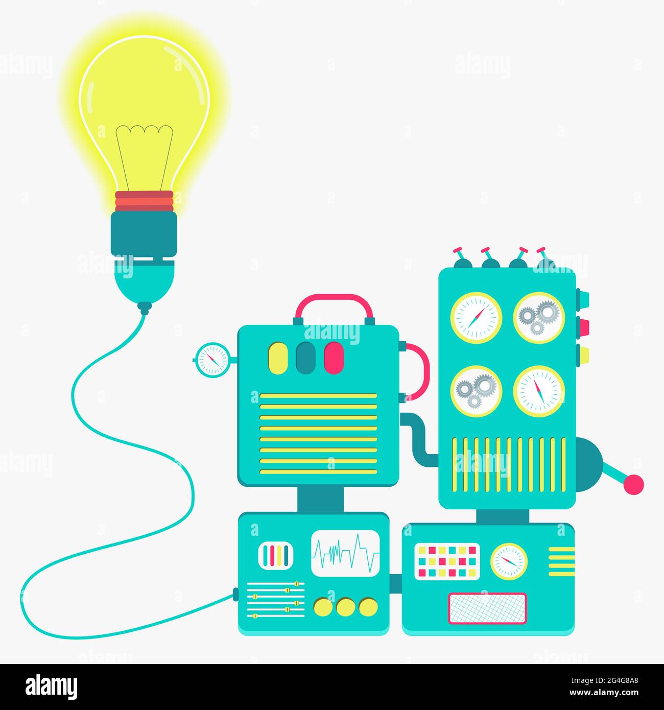 Macchina elettrica carina e colorata con spina collegata alla lampada. Pannello vuoto per inserire il testo. Illustrazione Vettoriale