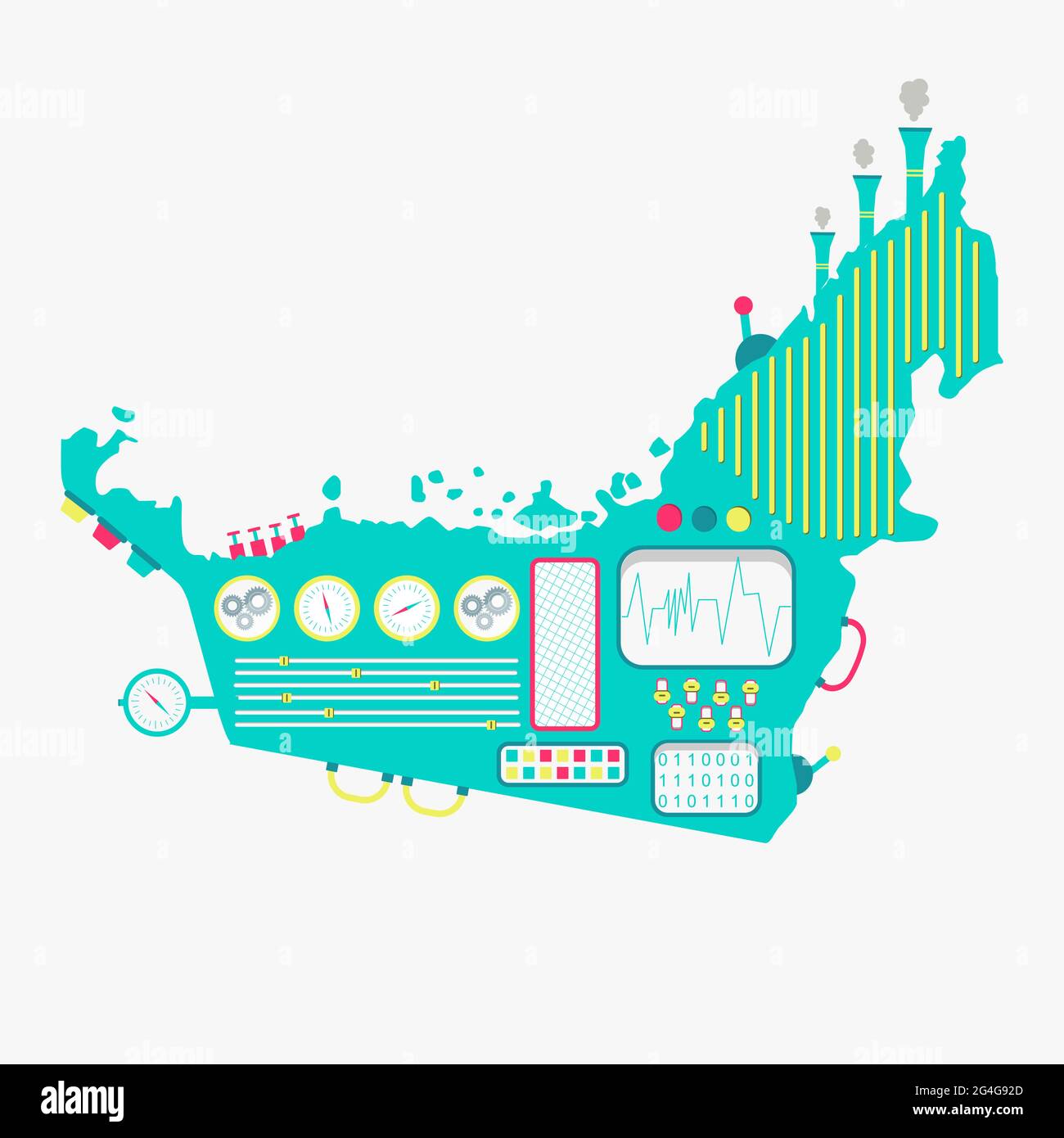 Mappa degli Emirati Arabi come una macchina carina con pulsanti, pannelli e leve. Isolato. Sfondo bianco. Illustrazione Vettoriale