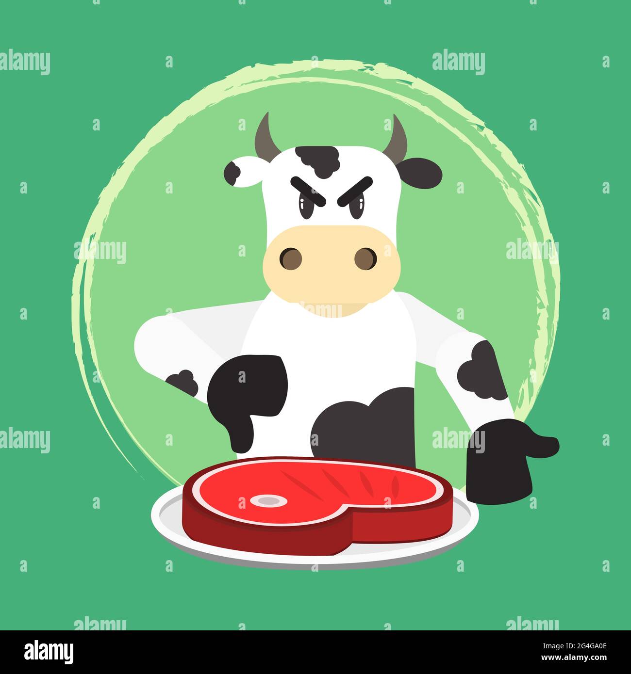 Arrabbiato bovino disapprovando il consumo di carne. Invito al veganismo e al vegetarianismo. Niente carne di manzo. Illustrazione Vettoriale