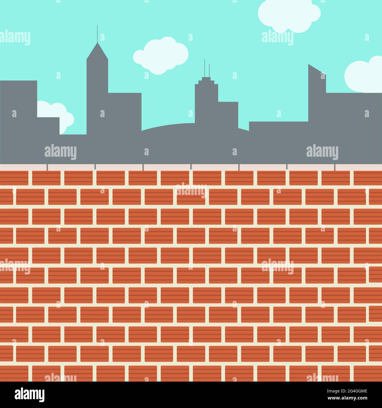 Skyline della città dietro le mura. Muro di mattoni di creta. Cielo blu sullo sfondo. Illustrazione Vettoriale