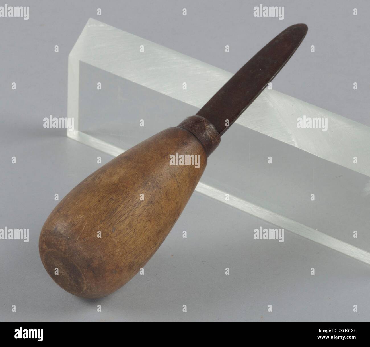 Un coltello di ostriche con manico in legno. Il manico del coltello ha una forma a pera e copre completamente il coltello e la linguetta n. x2019, che si inserisce nel manico. La lama è piatta e opaca e termina in un punto curvo. Foto Stock