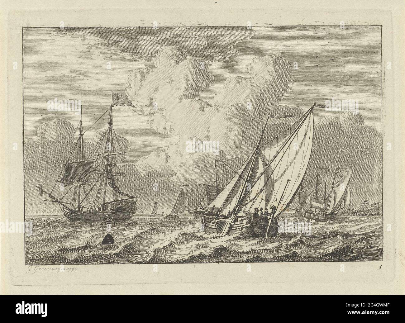 . Diverse navi a vela su acque turbolente. Questa stampa fa parte di una serie di sei navi a vela diverse sull'acqua. Foto Stock