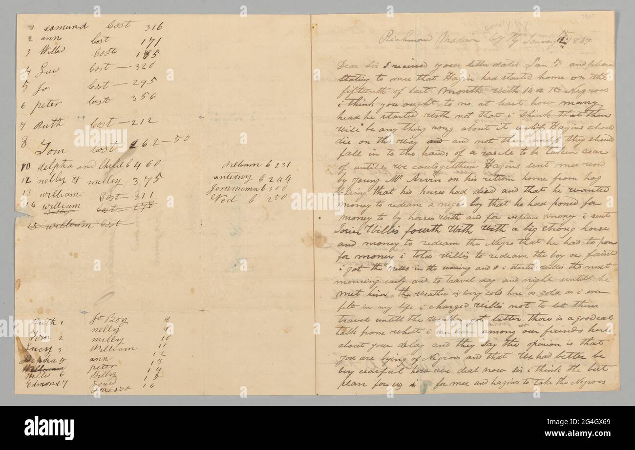 Questa lettera è stata scritta a Richmond, Kentucky, il 14 gennaio 1847, da Samuel Fox a Giles Saunders a Richmond, Virginia. La lettera descrive in dettaglio la vendita di persone schiavate da parte di Fox e dei suoi associati, compreso il recupero di un uomo schiavizzato che è stato prestato fuori per l'uso di un cavallo. Ci sono anche dettagli riguardanti un cliente insoddisfatto con l'acquisto di due persone schiavate. La carta viene piegata a metà e la lettera viene scritta sul lato destro continuando sul lato sinistro del retro. Sul lato sinistro del fronte si trova una lista di nomi di persone schiavate con denominazione monetaria Foto Stock