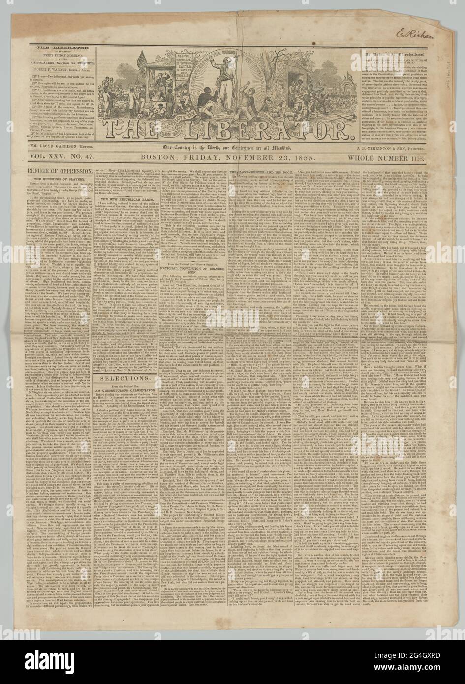 Una copia del giornale abolizionista The Liberator, Vol.XXV, n. 47 del 23 novembre 1855. La carta viene stampata su un singolo foglio di carta bi-piegato con testo stampato sulla parte anteriore e posteriore delle quattro (4) pagine. Il nome "E. Richards" è scritto a mano in inchiostro nero nell'angolo superiore destro rivolto verso la prima pagina. Foto Stock