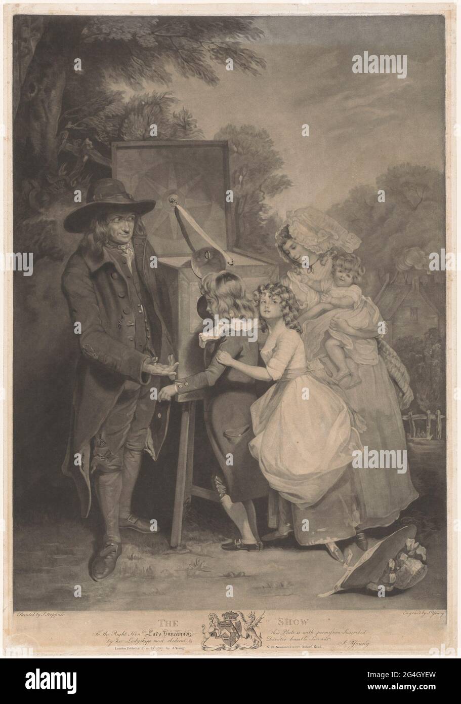 Bambini per un armadio di osservazione; lo spettacolo. Un uomo in abiti indossati ha tirato fuori il suo armadietto di osservazione. Un ragazzo guarda dentro attraverso il foro, mentre una ragazza dietro di lui lo attende. Oltre a loro una donna con un bambino sul braccio, il suo seno destro si è arato. Sotto l'immagine uno stemma. Foto Stock