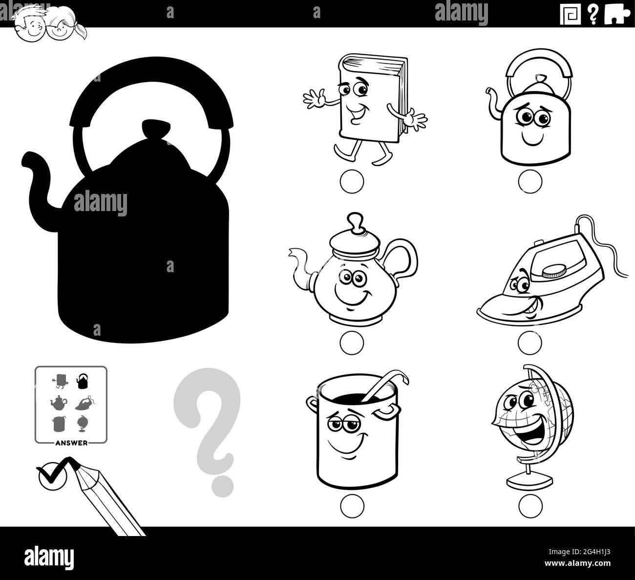Cartoni animati in bianco e nero illustrazione di trovare l'immagine giusta per l'attività educativa ombra per i bambini con divertente oggetto caratteri colorare bo Illustrazione Vettoriale