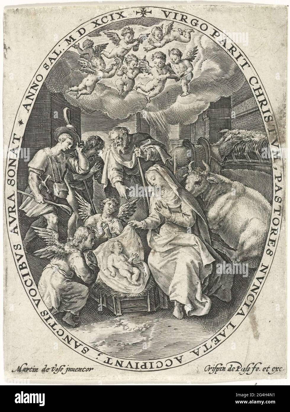 . I pastori e i due angeli sono intorno al Cristo bambino, che giace in una mangiatoia. Maria è accanto al bambino, Giuseppe è dietro la mangiatoia. Un angelico sguardo pratico dal cielo. Le prestazioni sono contenute in un telaio ovale con un pannello periferico. Stampa di una serie di dodici sulla vita, la passione e la risurrezione di Cristo. Foto Stock
