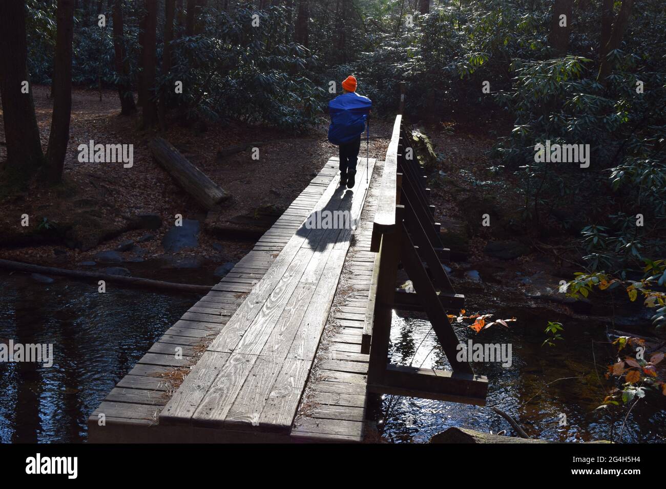 Escursionista su Appalachian Trail attraversando il ponte pedonale in legno a Three Forks in Georgia, Stati Uniti Foto Stock
